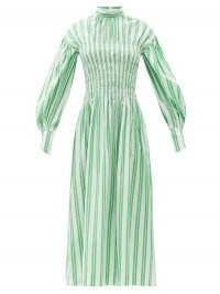 GANNI Smocked-bodice striped cotton-poplin midi dress in green