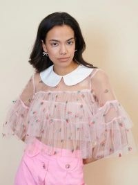 sister jane STRAWBERRY COURT Backspin Berry Ruffle Top / sheer ruffled embroidered fruit blouse / romantic style tops