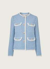 L.K. BENNETT VALENTINA BLUE AND CREAM HOUNDSTOOTH TWEED JACKET ~ classic textured dogtooth jackets