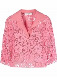 Valentino pink lace cropped blouse / semi sheer floral crop hem blouses