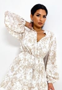 MISSGUIDED white floral print button front a line dress / volume sleeve tie waist dresses