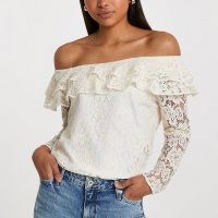 RIVER ISLAND White long sleeve frill bardot top / floral lace off the shoulder tops