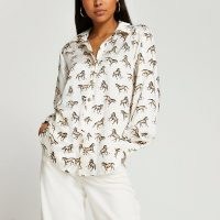 RIVER ISLAND White long sleeve satin printed shirt / womens horse print shirts