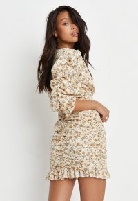 MISSGUIDED yellow floral print ruched mini dress / gathered detail puff sleeve dresses