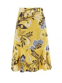 CALA DE LA CRUZ Vivian floral-print linen midi skirt / womens yellow linen flared hem summer skirts