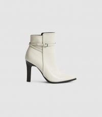 REISS ADA ANKLE LEATHER POINT-TOE ANKLE BOOTS WHITE ~ women’s luxe strap and buckle detail boot