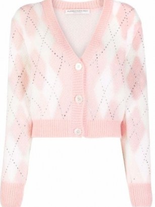 Alessandra Rich crystal-embellished pink argyle cropped cardigan | womens button up V-neck crop hem cardigans | women’s patterned knitwear