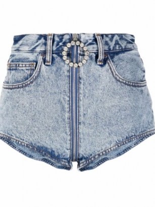 Alessandra Rich crystal-embellished zip-pull denim shorts | womens light ble stone washed denim fashion