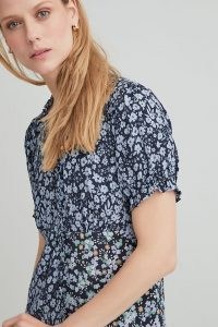 Anthropologie x Belize Floral Ruffle Midi Dress Blue Motif / short sleeve V-neck dresses / ruffled fashion