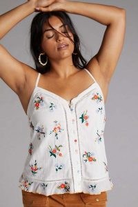 ANTHROPOLOGIE Embroidered Floral Cami / button front camisole / ruffle hem camisoles