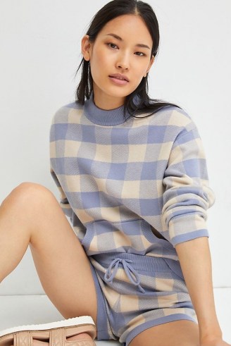 Daily Practice by Anthropologie Gingham Knit Lounge Set Blue Motif / womens check print loungewear / long sleeve top and shorts co ord / women’s clothing sets