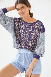 Daily Practice by Anthropologie Tulip-Hem Top Blue Motif / womens floral print lounge tops / women’s loungewear