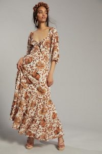 ANTHROPOLOGIE Tiered Floral Maxi Dress Neutral Motif / tie front keyhole detail summer dresses