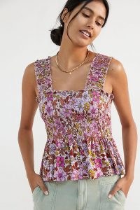 Conditions Apply Katalia Smocked Tank / pink floral smocked detail tops / womens sleeveless square neck peplum cami