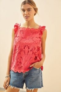 Maeve All-Over Lace Top / red floral scalloped edge cotton tops