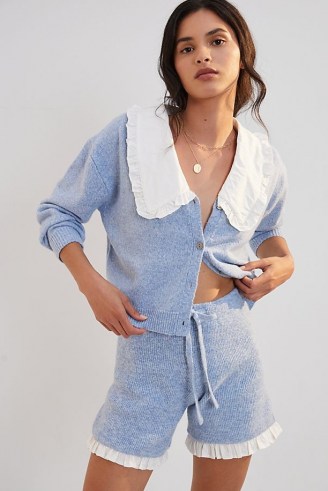 Daily Practice by Anthropologie Ruffled Knit Lounge Set in Sky – light blue loungewear sets – womens knitted button up top and shorts lounge co ord – oversized collar trend