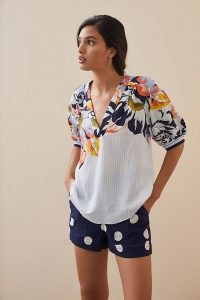 Maeve Floral V-Neck Blouse Blue Motif