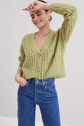 Anthropologie Florence Ribbed Cardigan Green | womens slouchy button up front cardigans | women’s knitwear