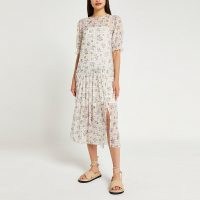 RIVER ISLAND Beige floral check print frill hem midi dress / mixed print drop hem dresses