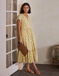 BODEN Bernadette Cotton Midi Dress Corn Yellow, Intricate Leaf / womens cotton fit and flare summer dresses / tiered hem