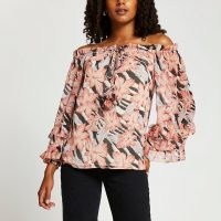 RIVER ISLAND Black floral print frill detail bardot top / off the shoulder tops / summer boho fashion