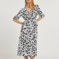 RIVER ISLAND Black floral print frill waist midi dress