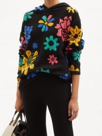 THE ELDER STATESMAN Sound flowers-intarsia cashmere hooded sweater / womens knitted black floral pattern hoodies / women’s designer sweaters / flower patterned pullovers / jumpers