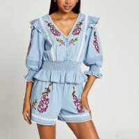 RIVER ISLAND Blue floral embroidered frill denim blouse / womens folk style blouses / ruffled fashion