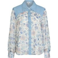 RIVER ISLAND Blue floral print shirt / feminine denim panel flower print shirts