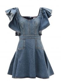 ALEXANDER MCQUEEN Ruffle-sleeve scoop-neck denim mini dress ~ ruffled flared hem dresses ~ womens designer fashion