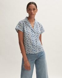 JIGSAW COASTAL MEADOW SHIRT BLUE / womens short sleeve floral cotton shirts / effortless summer fashion