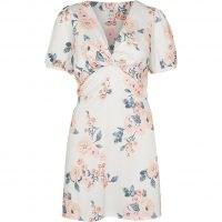 RIVER ISLAND Cream floral print mini dress / womens short sleeve twist front V-neck dresses