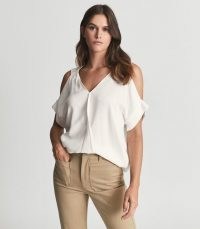 REISS DAKOTA COLD SHOULDER TOP WHITE ~ feminine V-neck tops