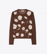 TORY BURCH EMBELLISHED CREWNECK Dark Umber / sheer floral sequin crew neck tops / sequinned fashion