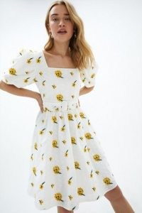 coast Embroidered Cotton Broderie Mini Dress / floral puff sleeve square neck fit and flare dresses