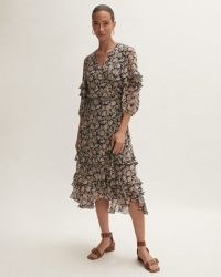 JIGSAW FLORAL BROCADE MIDI WRAP DRESS / feminine layered detail dresses / womens romantic ruffle trim fashion