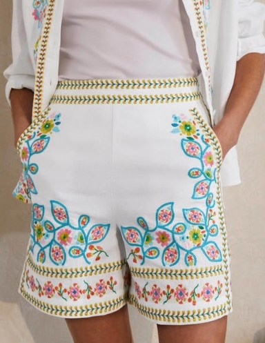 BODEN Georgina Linen Shorts White, Embroidery / womens floral summer fashion