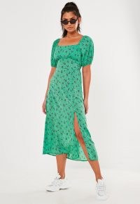 MISSGUIDED green floral print puff sleeve midi dress / empire waist dresses with split hem