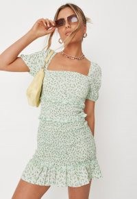 MISSGUIDED green floral print shirred puff sleeve mini dress / ruffle trim dresses