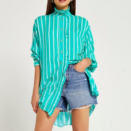 RIVER ISLAND Green frill detail shirt ~ womens longline striped high neck ruffle trim shirts