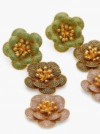 BEGUM KHAN Shalimar 24kt gold-plated clip earrings / long glamorous floral drops / womens evening accessories / women’s statement jewellery / occasion glamour / green and pink