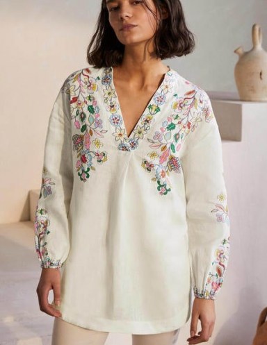 BODEN Hannah Linen Shirt Ivory, Kaleidoscopic Floral / womens summer kaftan style tunic tops