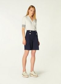 L.K. BENNETT HILLIER NAVY BUTTON-DETAIL TAILORED SHORTS ~ womens smart dark blue above the knee shorts