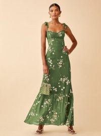 REFORMATION Jasen Dress in Lomita / green floral summer occasion maxi dresses / tiered hem / tie shoulder straps / womens feminine event fashion