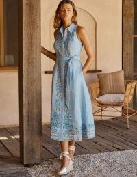 BODEN Kate Linen Shirt Dress Moroccan Blue Stripe / sleeveless fit and flare tie waist dresses / womens floral summer fashion