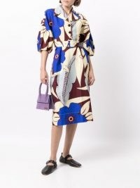 Lee Mathews graphic-print dress / womens retro print fashion / floral belted cotton-silk blend dresses