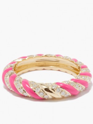 YVONNE LÉON Diamond, pink enamel & 9kt gold ring | luxe textured band style rings | womens fine jewellery