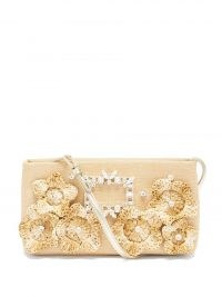 ROGER VIVIER Nightlily floral-appliqué beige canvas shoulder bag / luxe baguette inspired bags / small feminine handbags / 3D raffia flowers / women’s occasion accessories