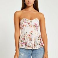 RIVER ISLAND Pink floral broderie corset / strapless fitted bodice peplum tops