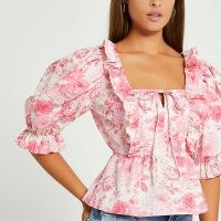 RIVER ISLAND Pink floral frill detail puff sleeve top / romantic ruffled tops